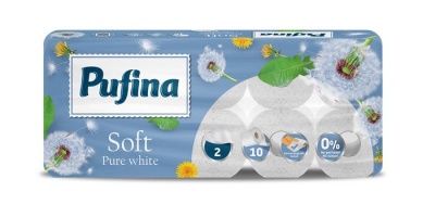 Toaletný papier, 2-vrstvový, malý kotúč, 10 kotúčov, PUFINA "Soft White", bez vône